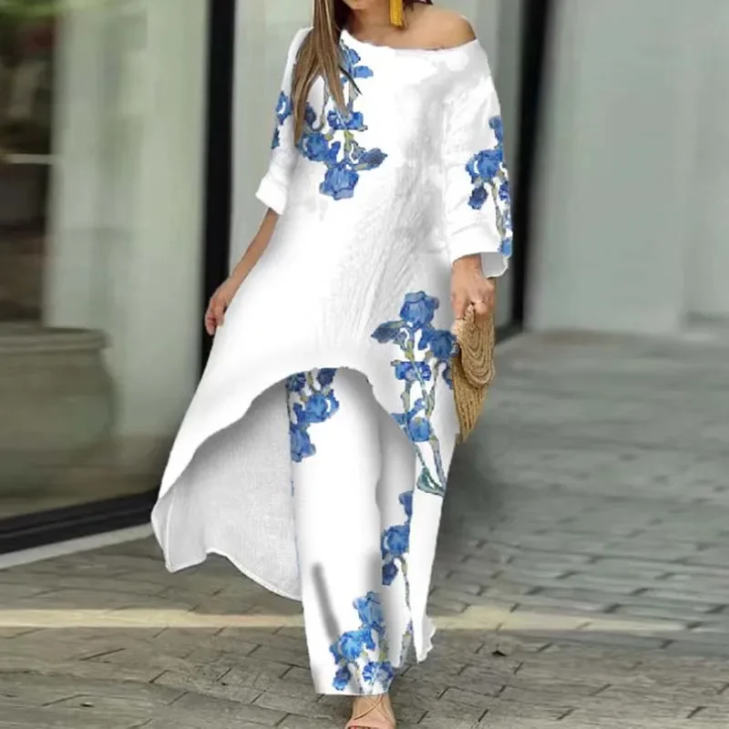 Fashion O Neck Mid Dress Suit Casual Floral Print Women's Two-piece Set Sexy Off Shoulder Pullover Tops And Loose Pants Outfits