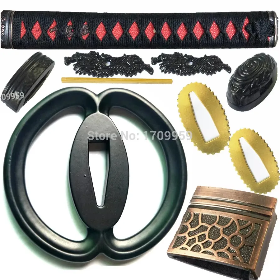 Protector Musashi de aleación negra para espada japonesa Katana/Wakizashi, juego de accesorios DIY Tsuba + Menuki + Fuchi + Kashira + mango + Habaki + Seppa