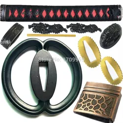 Black Alloy Musashi Guard For Katana/Wakizashi Japanese Sword DIY Fittings Set Tsuba+Menuki+Fuchi+Kashira+Handle+Habaki+Seppa