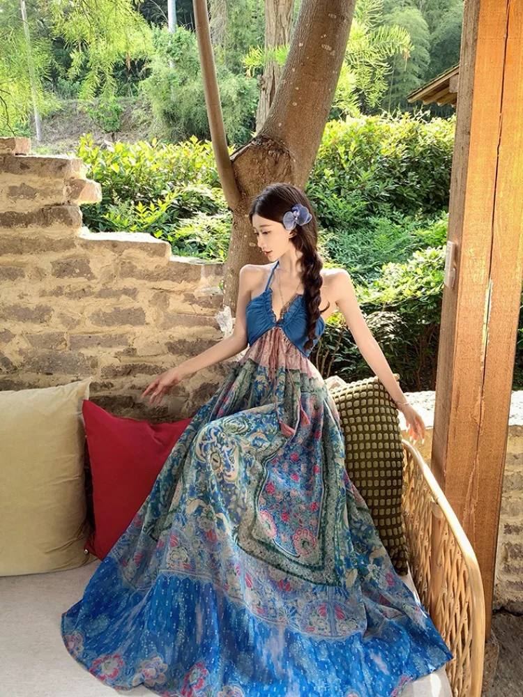 กระโปรงทรงเอเอวสูงลายดอกไม้สไตล์วินเทจ ผ้าพิมพ์ลาย เหมาะสำหรับการเดินทาง มีสายคล้องไหล่