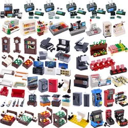 MOC City House Furniture Building Block Street View Fish Tank TV Refrigerator Sofa Food Drink Dessert Accessories Bricks Toy Boy