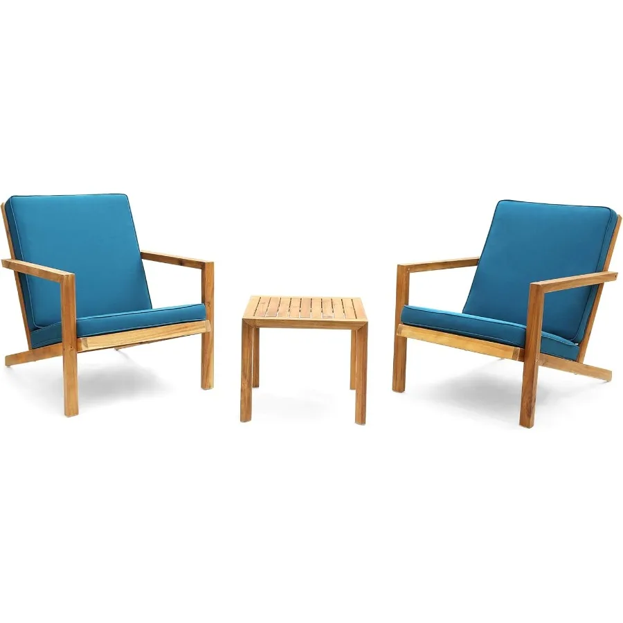 

Outdoor 3 Piece Acacia Wood Chat Set in Brown Patina and Dark Teal Finish for Garden Patio Relaxation and Entertaining Spaces w