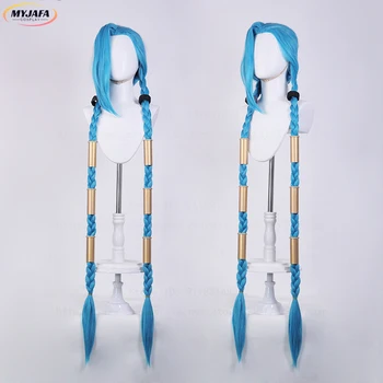 ויג קוספלי LOL Jinx איכותי בצבע כחול מתוחכם עם שיער סינטטי עמיד בחום + כובע ויג