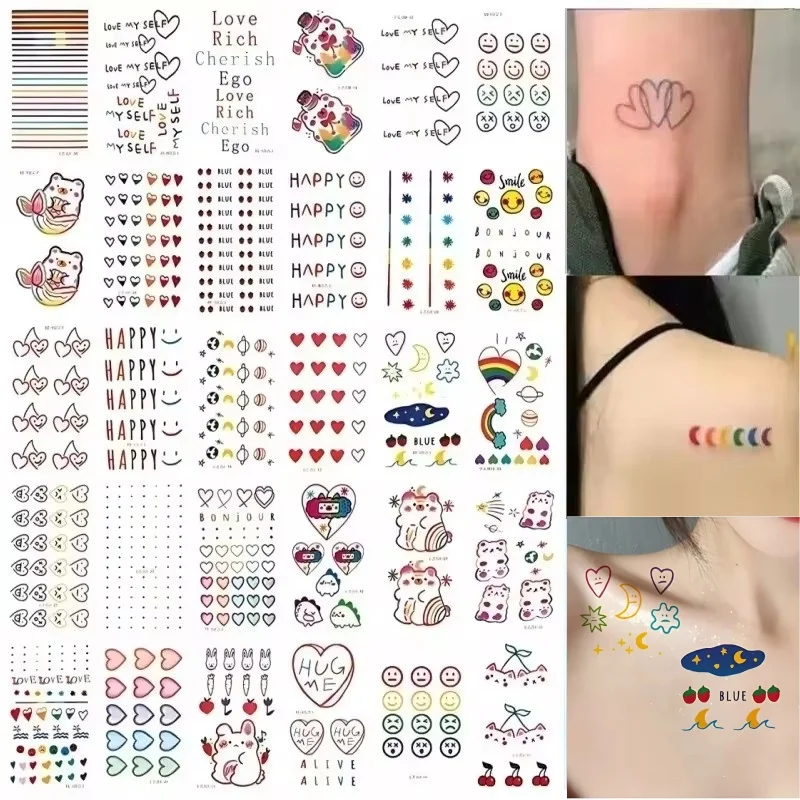 30pcs/set Fake Tatoo Waterproof for Little Girls Boys Leg Arm Smiling Face Heart Bear English Words Temporary Tattoo Party Favor