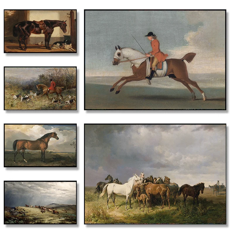 Vintage Medieval Style Horse and Dog Grassland Trees Poster Canvas Printing Decor Living Room Bedroom Wall Art Home Decor Gifts