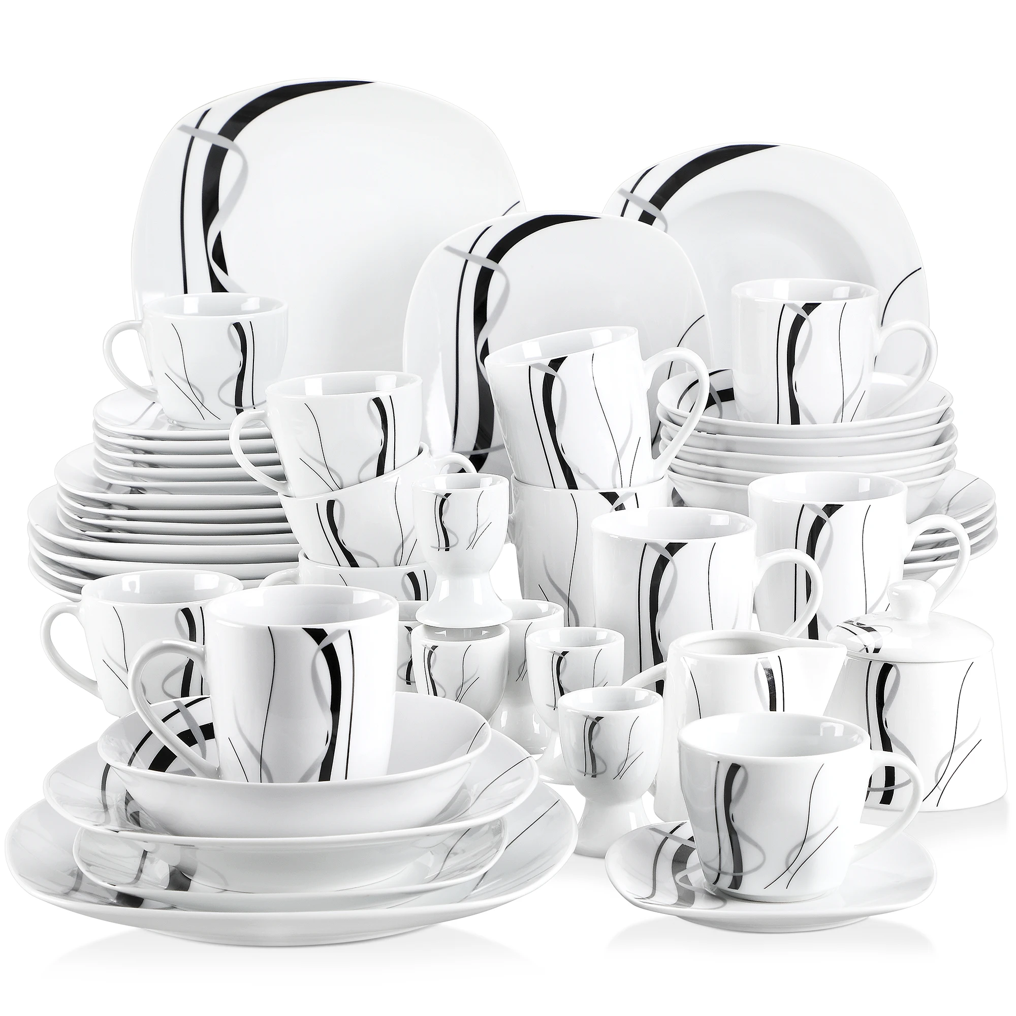 VEWEET – service de table en porcelaine 50 pièces, avec tasse à œufs, tasses et soucoup, tasse, dessert, soupe et assiette à dîner, bol, pichet à lait, ensemble de pots à sucre