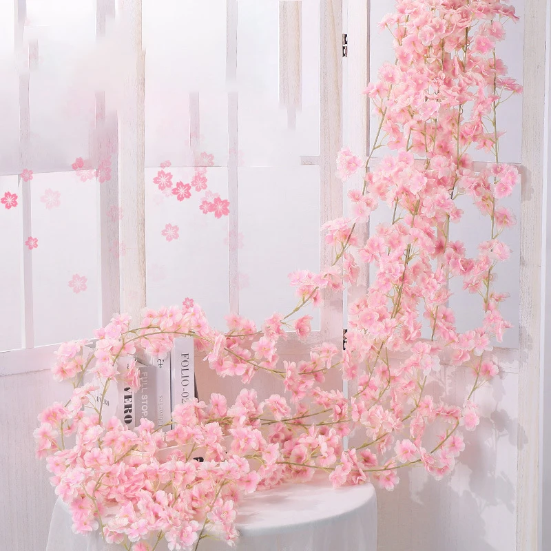 1.8M Artificial Sakura Flowers Vine Wedding Garden Rose Arch Home Party Decoration Christmas Bridal Fake Silk Scrapbook Plants