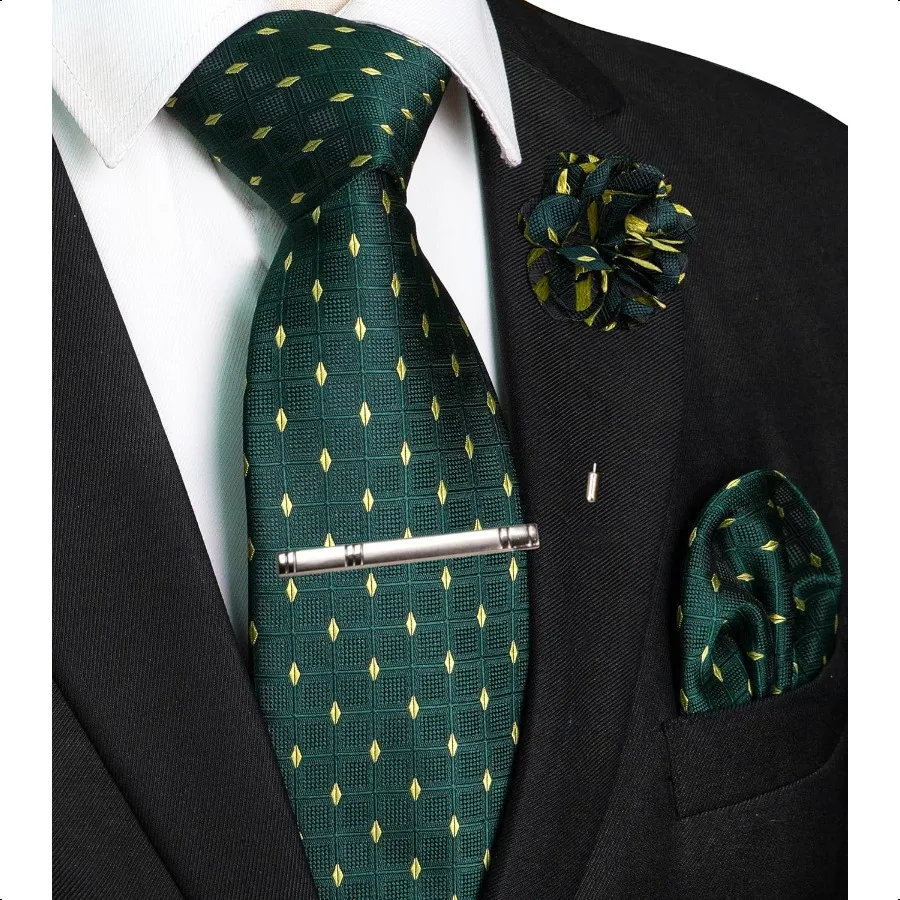 RBOCOTT Cravatte a quadretti scozzesi da uomo Cravatta e fazzoletto da taschino con fermacravatta Set di spille da bavero 4 pezzi