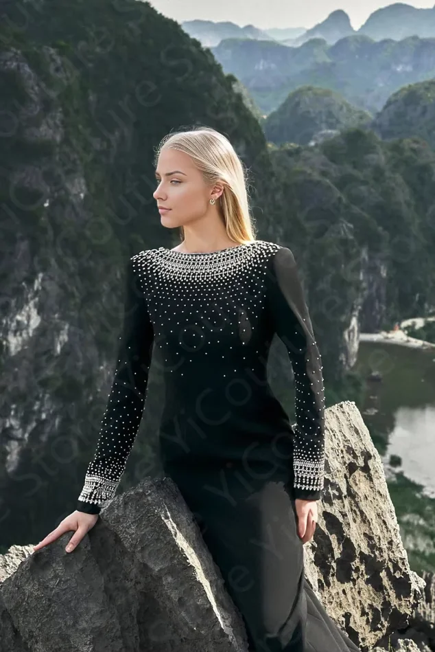 Sukienki wieczorowe w stylu vintage z arabskimi motywami, czarne sukienki na studniówkę, sukienki na przyjęcia z długim rękawem, zdobione koralikami sukienki dla gości weselnych z odkrytymi plecami.