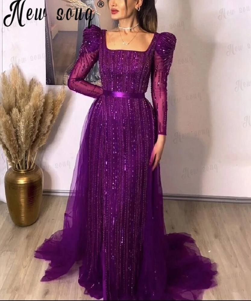 Plus Size Women Purple Robe Evening Dress With Overskirt Middle East Muslim Beaded Formal Occasion Dresses Wedding Party Gowns