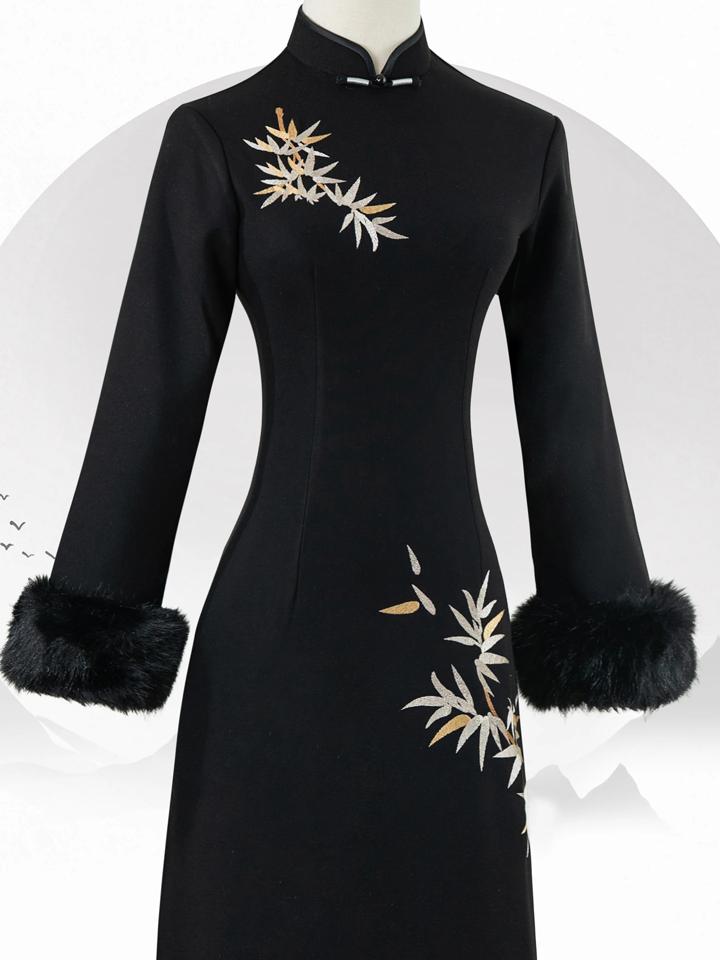 

Thiened Embroidered Qipao Dr New Chinese Sle Women's Long Dr Winter Faion Bla Bamboo Fiber Fce Warm Dr