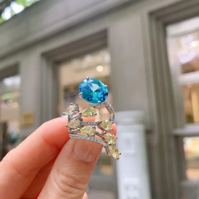 

European and American fashion topaz blue gemstone elegant open ring wholesale for women