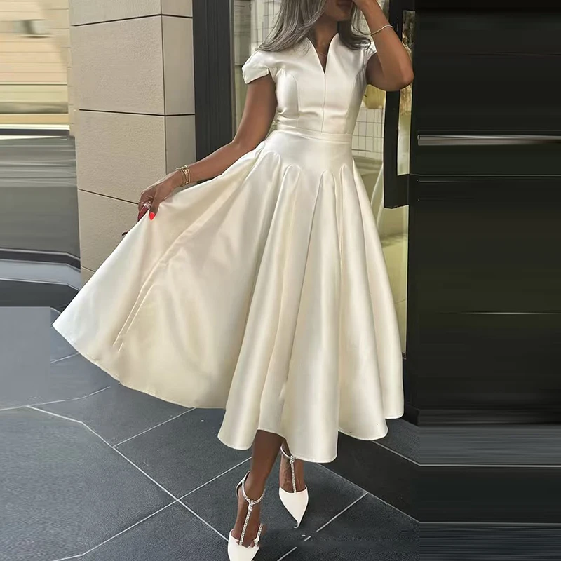 Elegant V-Neck Pure Pleated French Dress Woman Sexy High Waist Ball Gowns Dresses Summer Petal Sleeve A-Line Long Dress Vestidos