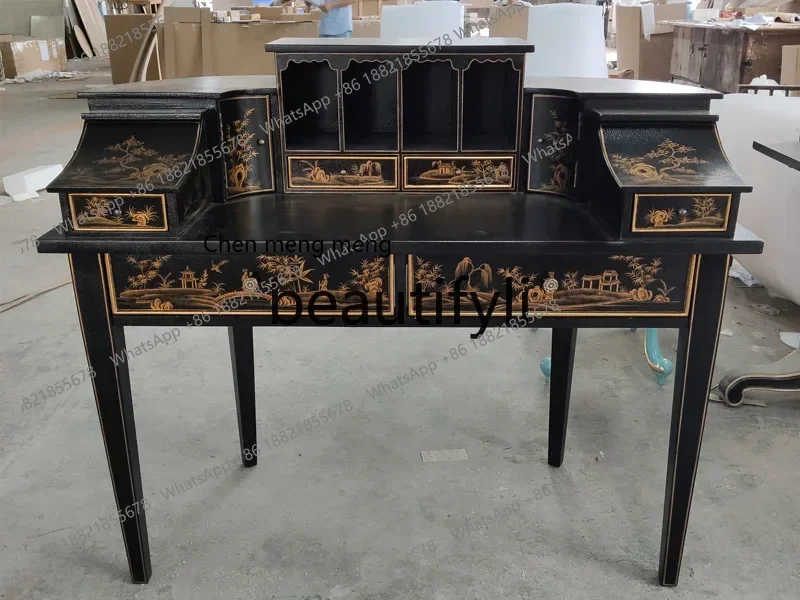 D176  French hand-painted landscape solid wood piano-shaped desk writing desk dresser multi-drawer