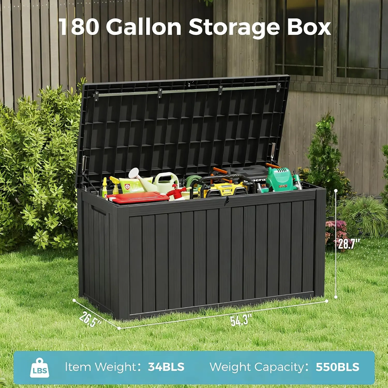 Outdoor Storage Box, Resin Deck Boxes Indoor and outdoor, Waterproof Storage Box Lockable Lid (Black,180 Gallon)
