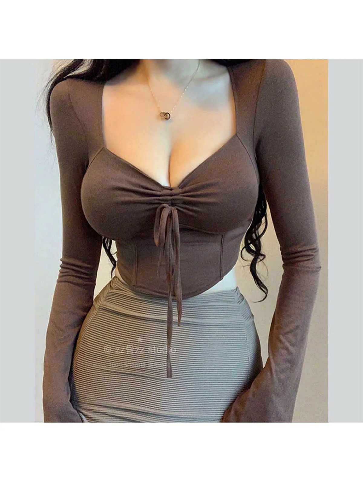 قمصان فرنسية جميلة وحار برباط بأكمام مضيئة ، رغبة نقية ناضجة ، تي شيرت بأكمام طويلة غير منتظمة ، تيشيرتات حلوة ، MD37 ، جديدة #6