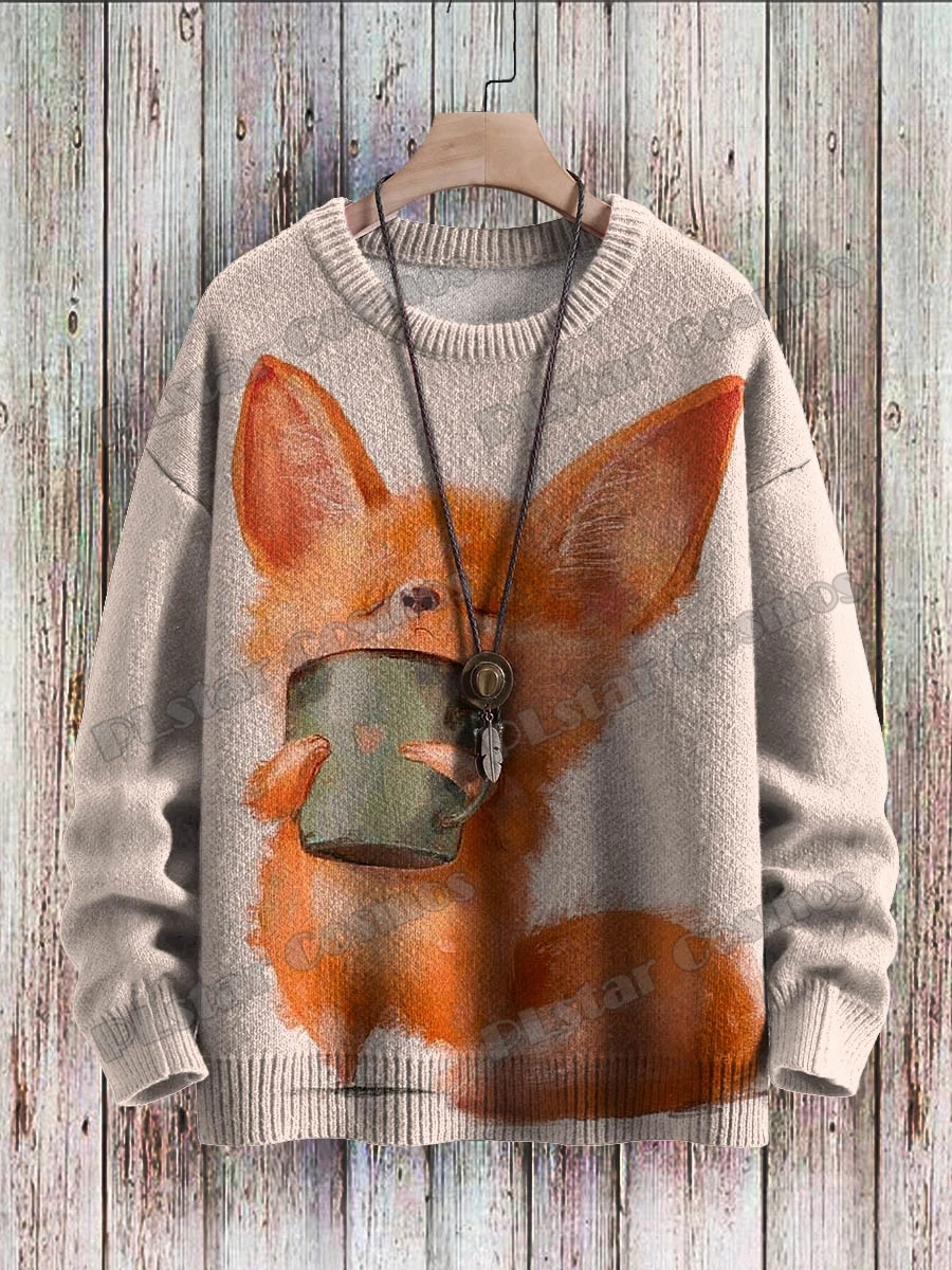 Vintage Frog Fun Art Pattern & Retro Owl Art 3D Printed Men's Knitted Pullover Winter Unisex Casual Knit Pullover Sweater ZZM98