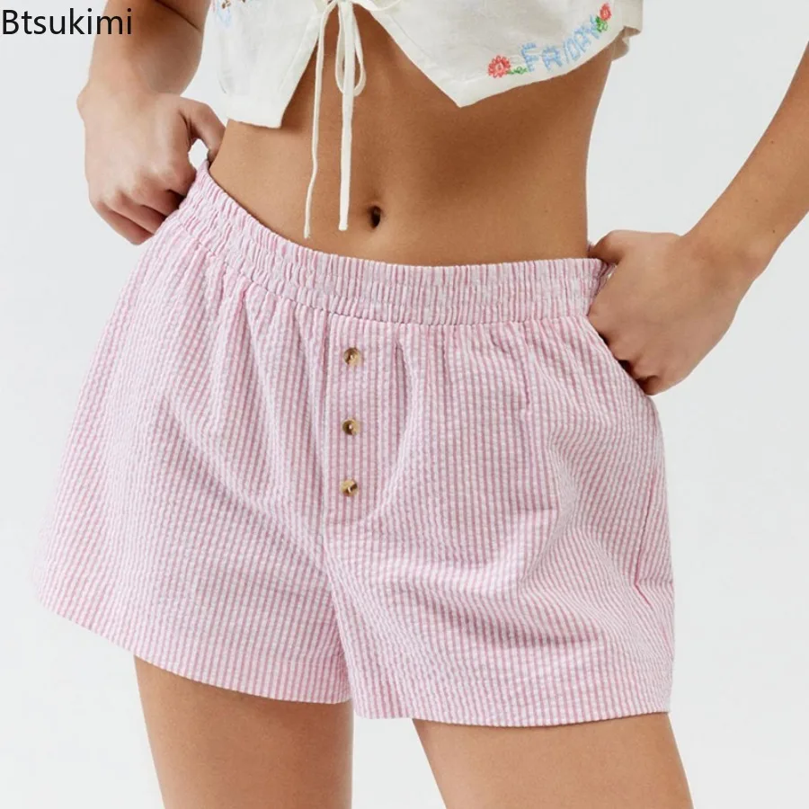 2025 Women's Summer Casual Shorts Stripe Style Y2K Elastic High Waist Wide Leg Short Pants Button Front Streetwear Girls Shorts