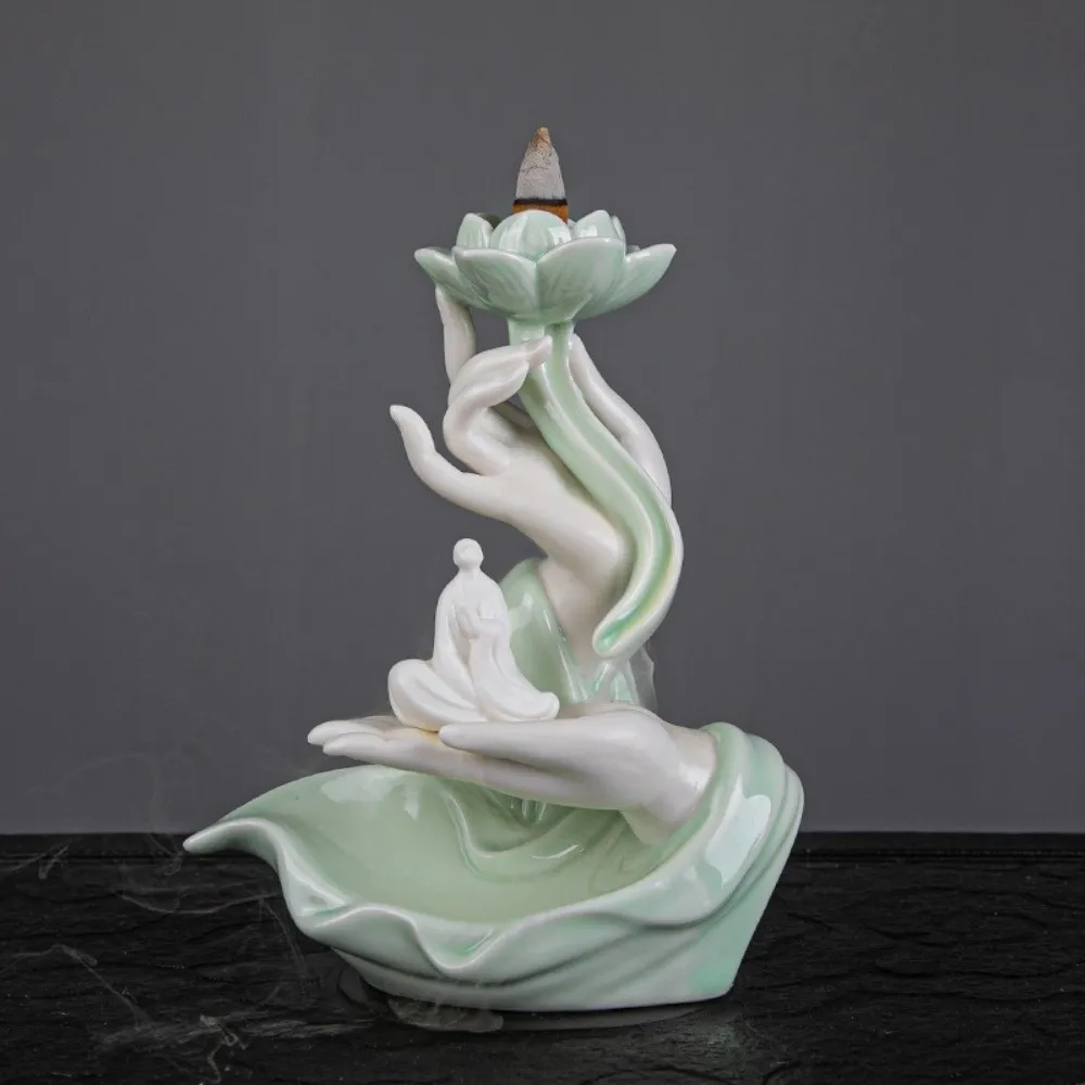 Ceramic Backflow Incense Burner Hand Shape Zen Incense Burner Fountain Lotus Flower Ash Catcher Reflux Incense Burn Tray