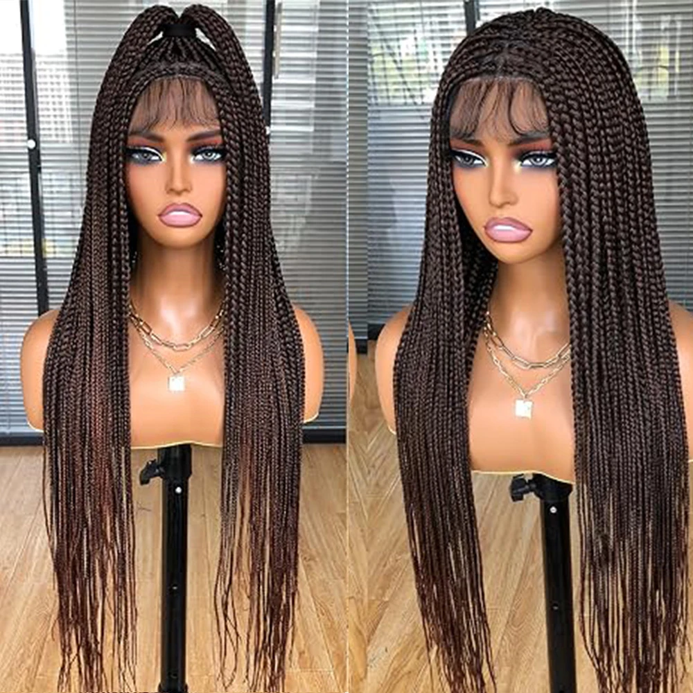 HD Full Lace Braided Wig Knotless Box Handmade Needle Hook Afro Synthetic Fiber Natural Baby Hair Gradient Brown Full Lace Wig