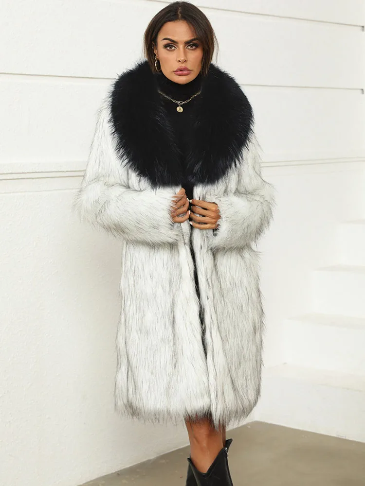 ZADORIN Vinatge Women Long Faux Fur Coat 2024 Winter Fur Collar Pockets Loose Faux Fur Jacket Woman Fur Coats Clothes for Women