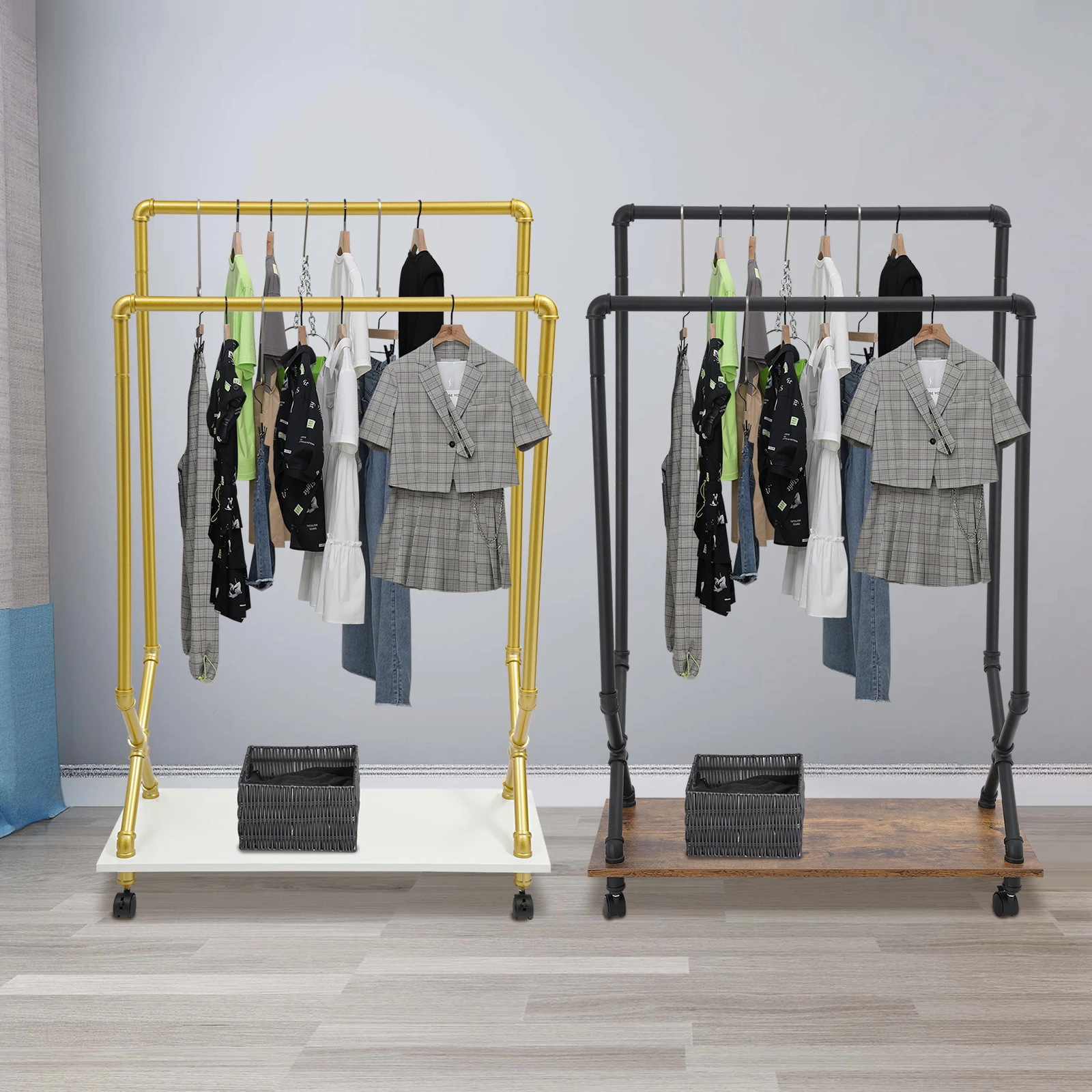 

Clothing Rack with Double Rods for Hanging Clothes, Heavy Duty Clothes Rack with Shelf for Home Boutique Retail Use