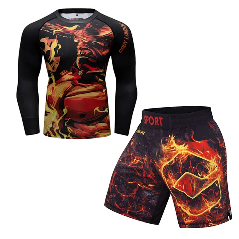 Men MMA T-shirt+Shorts Suit Jiu Jitsu Kickboxing Shirts Muay Thai Sport Clothing Bjj Gi Rashgard Boxing Trousers Fightwear Sets