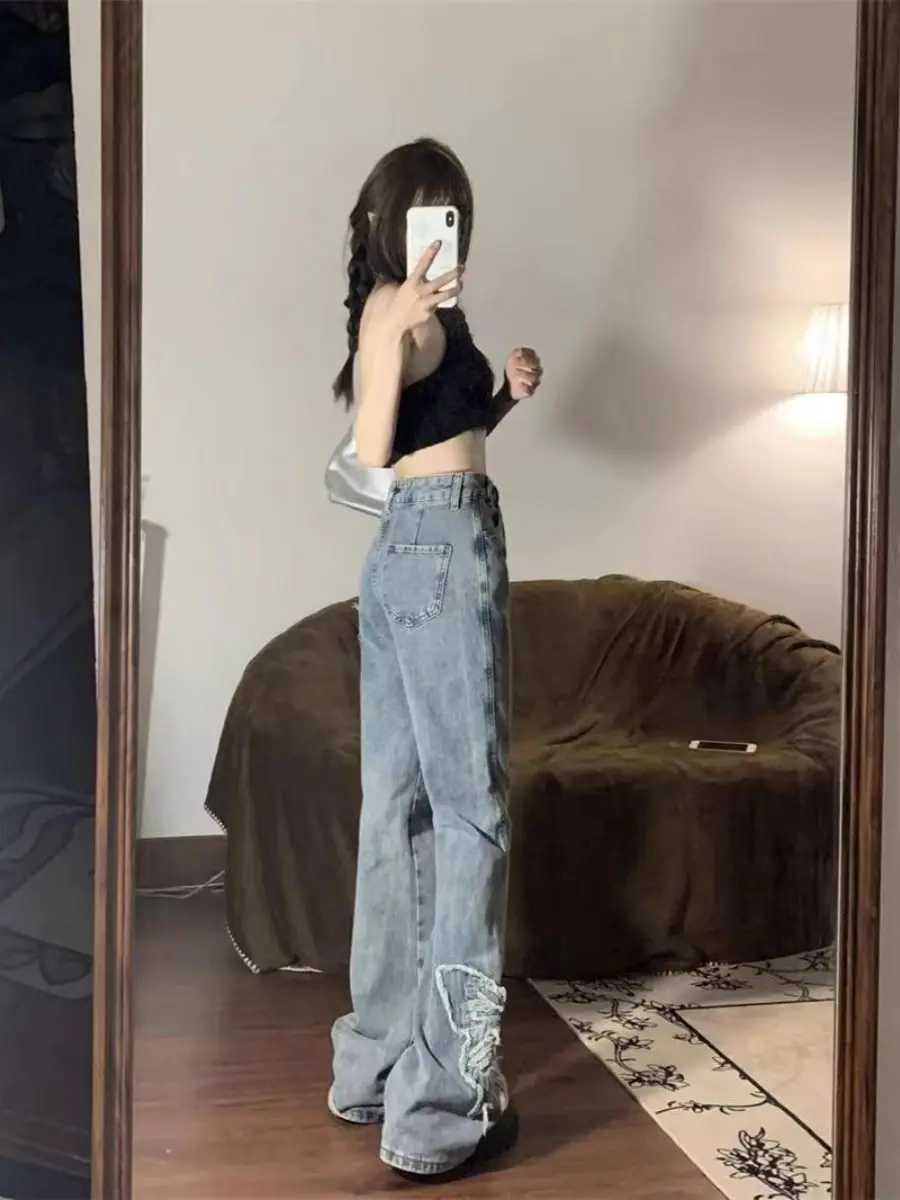 Butterfly Embroidered Flared Jeans Women Retro High Waist Straight Wide-Leg Pants Street Clothing Korean Version Of Full Pants.