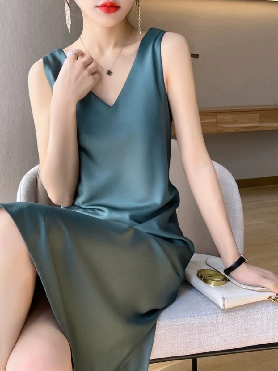 Ele cetim midi dr vestido feminino svel v-ne saia evasê cor pura commute sle primavera verão faion dr