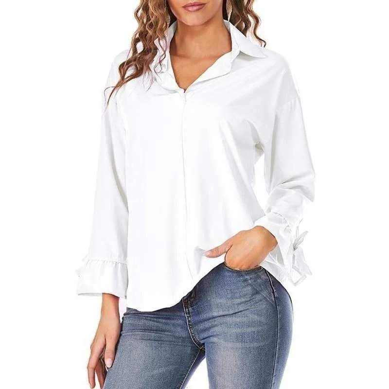 

Women's Long Oversized Flared Shirt Polyester Fabric Blouse with Pleated Sleeves Regular Thickness Summer New Style Pure Color