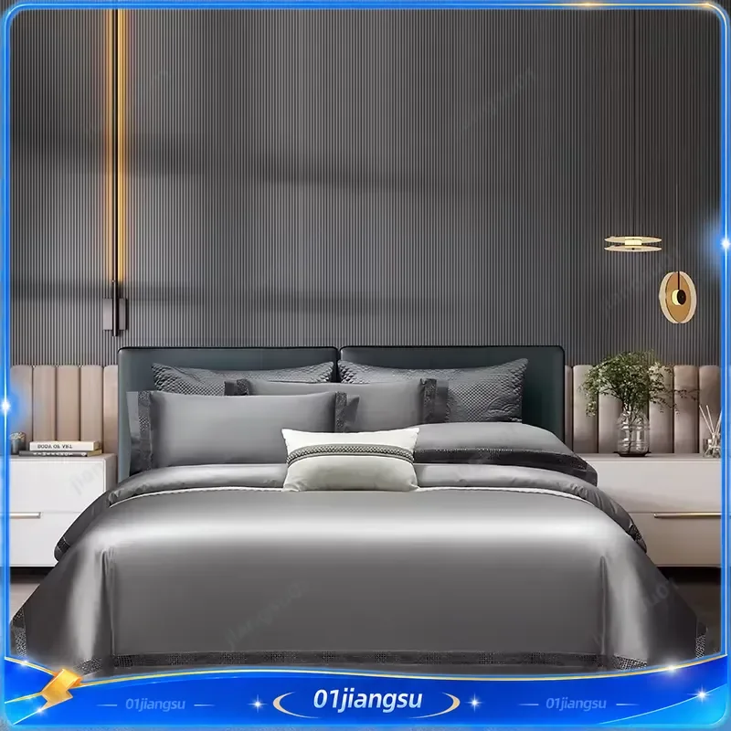 1400TC Egyptian Cotton Bedding Set Grey Luxury Hotel Style Duvet Cover Fitted Sheet Pillowcases 4Pcs Hollow Wide Edge Soft