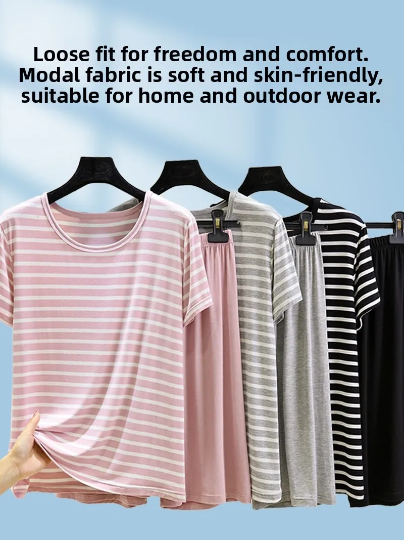 

Summer Thin round Ne ort Sve Modal Striped Spwear Set Casual Women's plus Size Home Clothes Outdoor Wearable orts