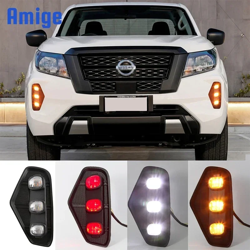

Car LED DRL 12V Daylights For Nissan Navara 2021 2022 Yellow Turn Signal Night Red Running Lamps Car Foglamp