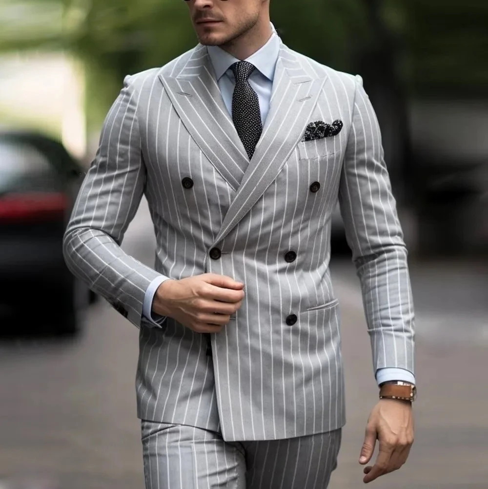 Elegant Stripe Men Suit Business Prom Male Tuxedos Groom Groomsman Wedding Party Formal 2 Piece Set (Blazer+Pants)