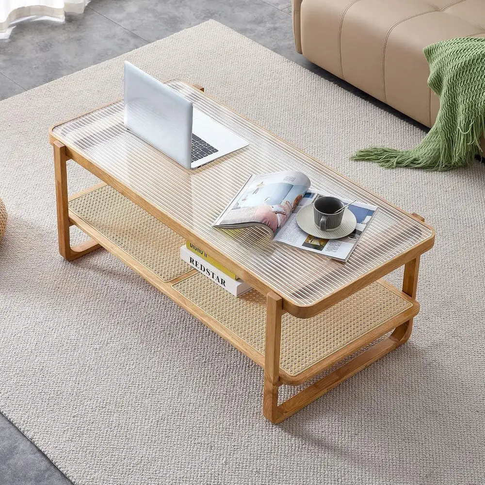 

Living Room Rectangular Coffee Table: Rattan-Style Glass Top with Storage