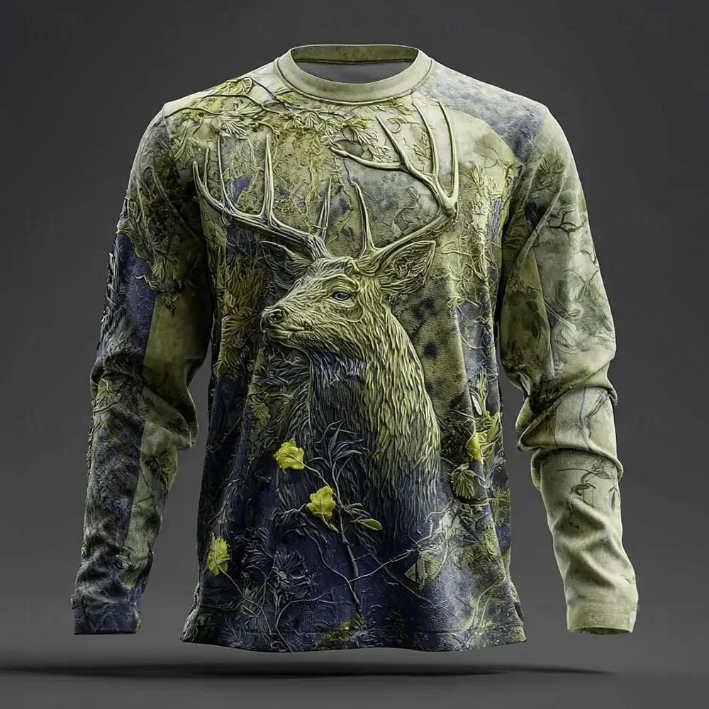 2025 Men's Camo Deer Print Long Sleeve Shirt, 3D Graphic Crew Neck Top, Outdoor Streetwear Fashion, Spring Summer Casual Wear