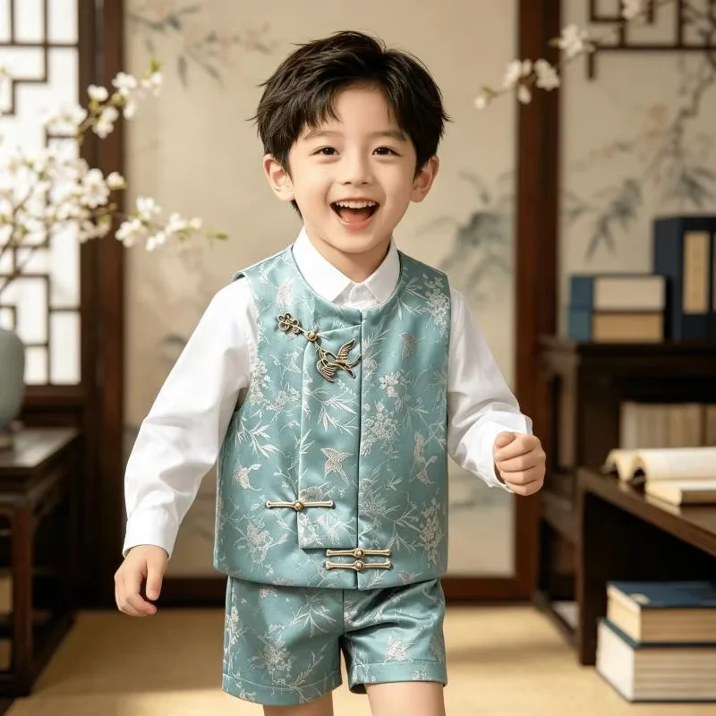 2026 New Children's Chinese Vest Set Fashion New Boys' and Girls' Plate Buckle Vest+Shirt+Shorts 3-Piece Set