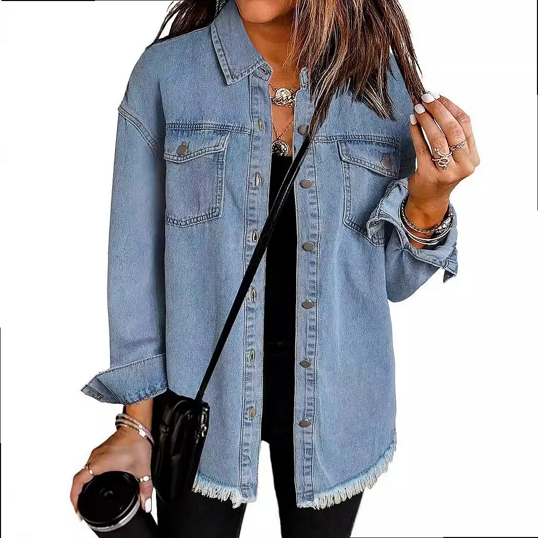 Washed Denim Shirt Blouse Women Oversized Coat Streetwear Frayed Hem Top Spring Summer Denim Shirts
