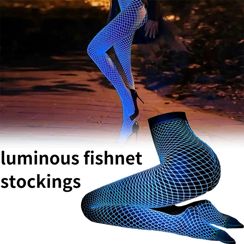 Night Fluorescent Women\'s Long Socks Fishnet Body Stockings Curve Lingerie Y2k Mesh Fabric High Waist Sex Tights Sexy Bodysuits