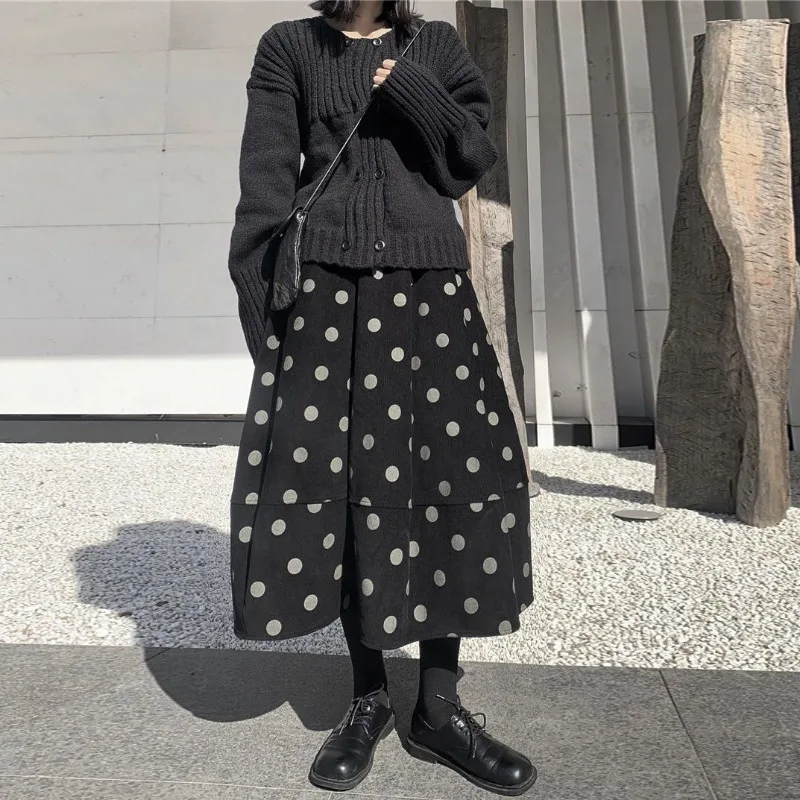 High Waist Corduroy Polka Dot Midi Skirt Women A Line Bloom Silhouette Swing Skirt Dark Style Casual Mid Length Skirt