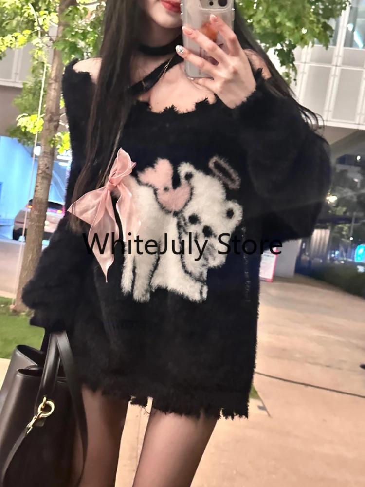 Y2K Knitted Clothes Women Casual Long Sleeve Sweet High Street Loose Pullover Outwear Oversized Black Sweater 2023 Autumn Chic