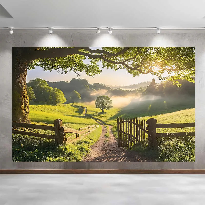 2D-Flachoberfläche, Hintergrundstoff mit Sonnenlicht-Landhauspfad-Motiv – geeignet für alle Jahreszeiten, Raumwanddekoration, Polyesterfaser