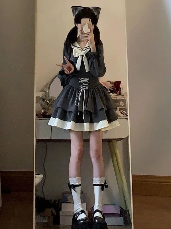 

Sweet Girl School orm Sle Navy Collar Set Dr Women Ранняя осень Зима Две части Long Sve Japanese Sle Faion...