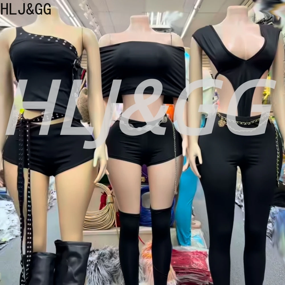 

HLJ&GG Black Trendy Fashion One Shoulder Hollow Two Piece Sets Women Sleeveless Slim Crop Top And Shorts Outfits Y2K Streetwear