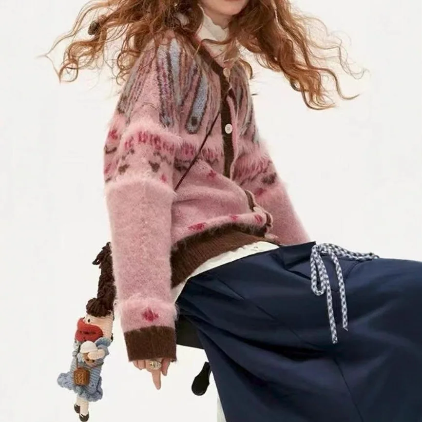 المرأة سترة مشغولة من الصوف البلوزات تقسم لاعبا اللون منعت س الرقبة طويلة الأكمام واحدة الصدر فضفاضة عادية الخريف الشتاء 2025 #4