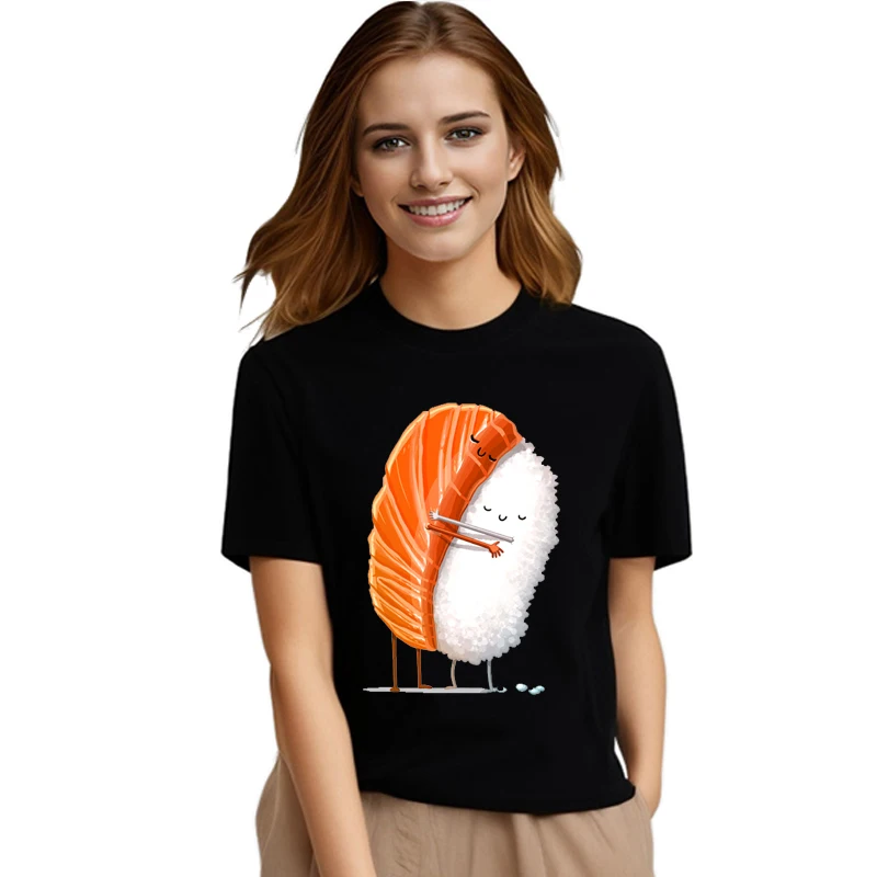 Süße Sushi Umarmung Frauen T-Shirts Sommer schwarz Kurzarm T-Shirt Mädchen Femme O-Nock Kawaii Kleidung Top T-Shirt Damen Harajuku T-Shirt