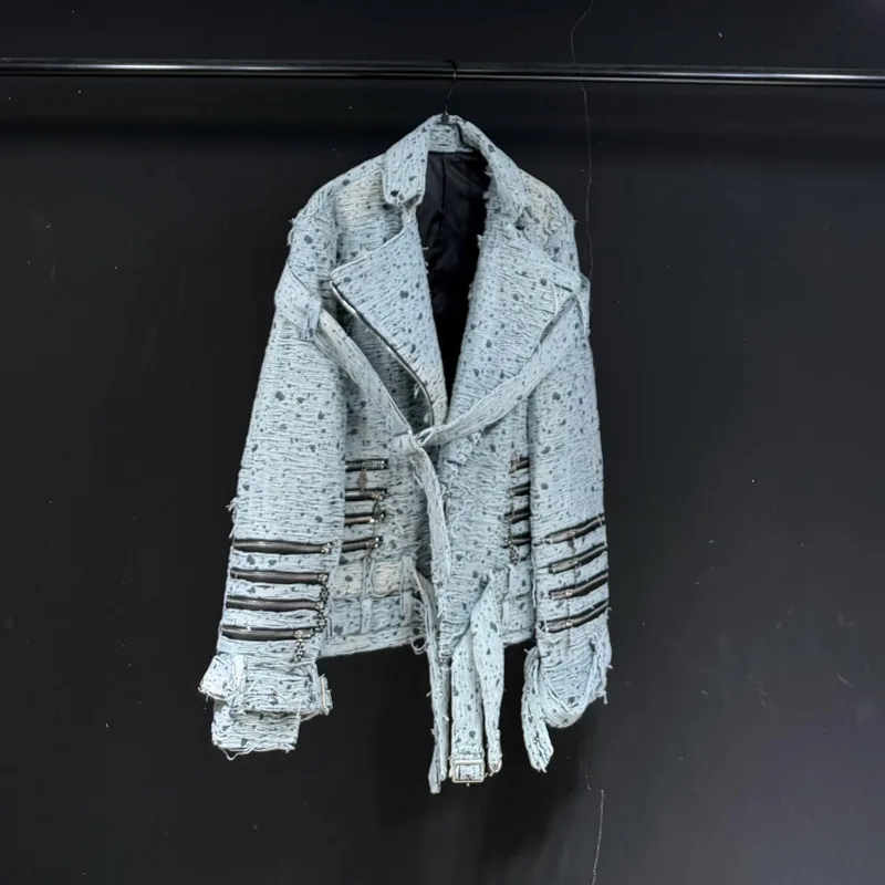 WVGA Spring Autumn New Men's Vintage Trendy Denim Jacket Turn-down Collar Metal Zipper Decoration Niche Chic Casual Coats W27611