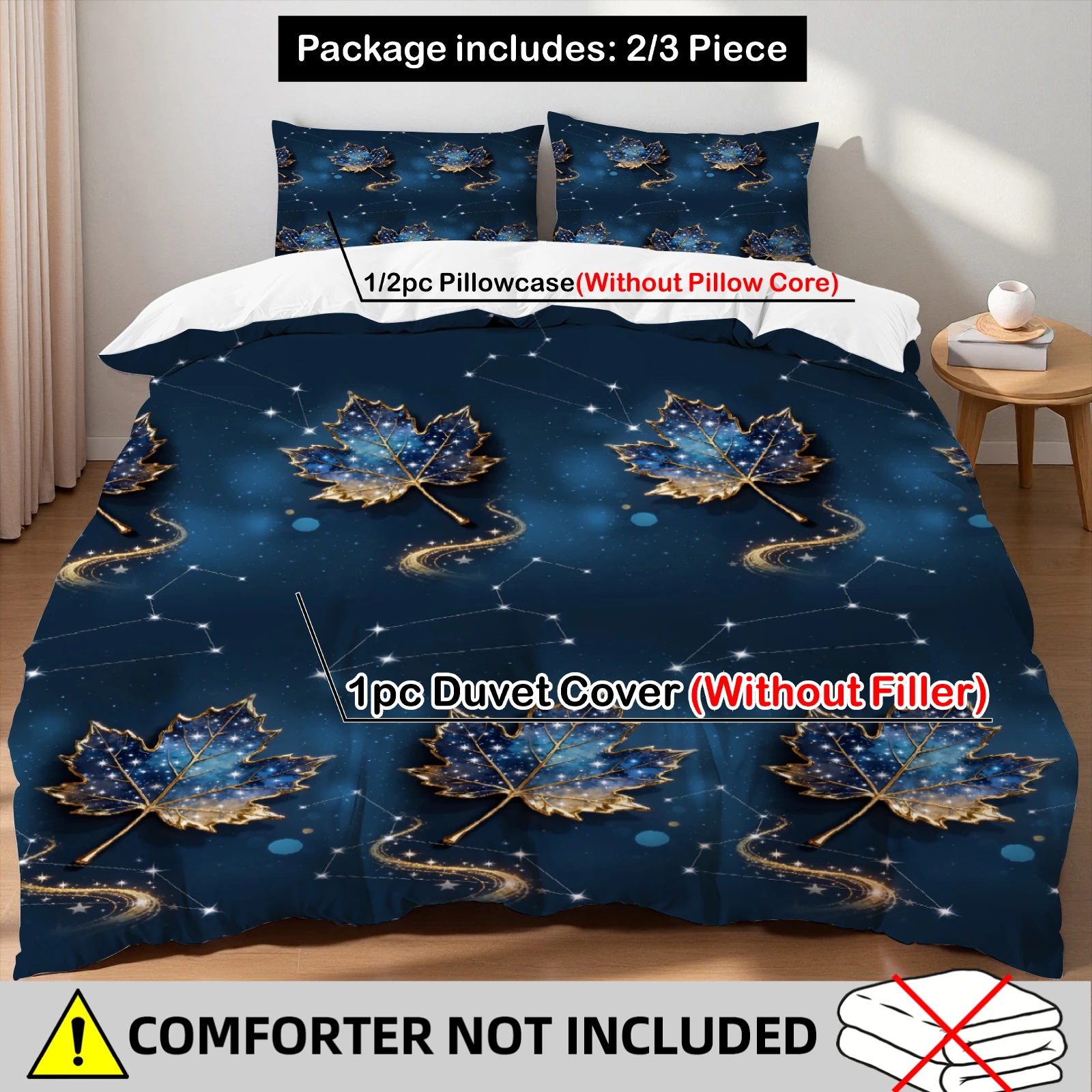 Juego de funda nórdica Maple Leaf de 3 piezas con estampado de constelaciones de galaxia, 2 fundas de almohada, sin edredón ni sábana, individual, doble, queen, king