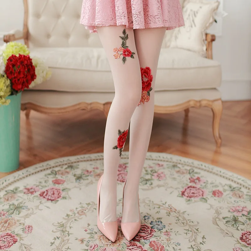 

Handmade Rose Embroidered Flower Stockings Pantyhose Run Resistant Control Top Sheer Stocking Women