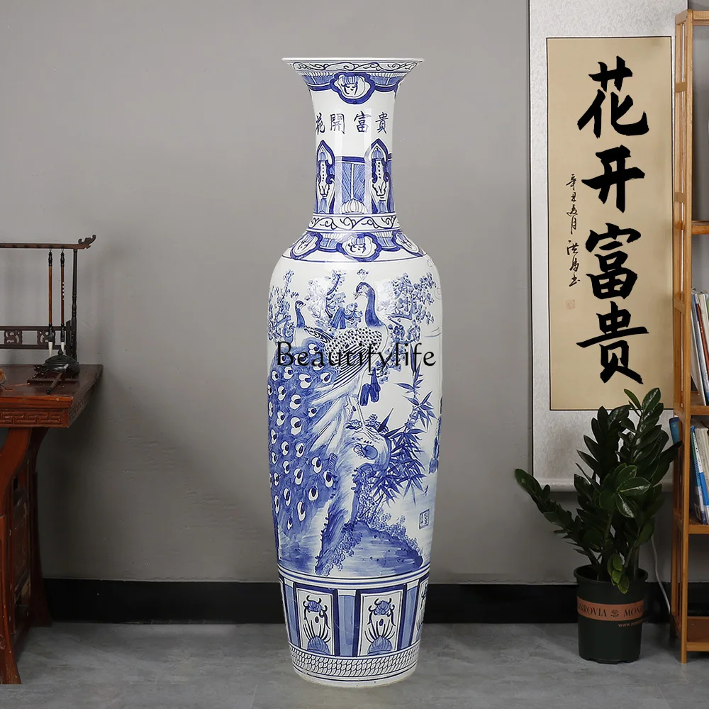04Jingdezhen ceramics floor-to-ceiling large vase ornament hand-painted blue and white porcelain living room decoration
